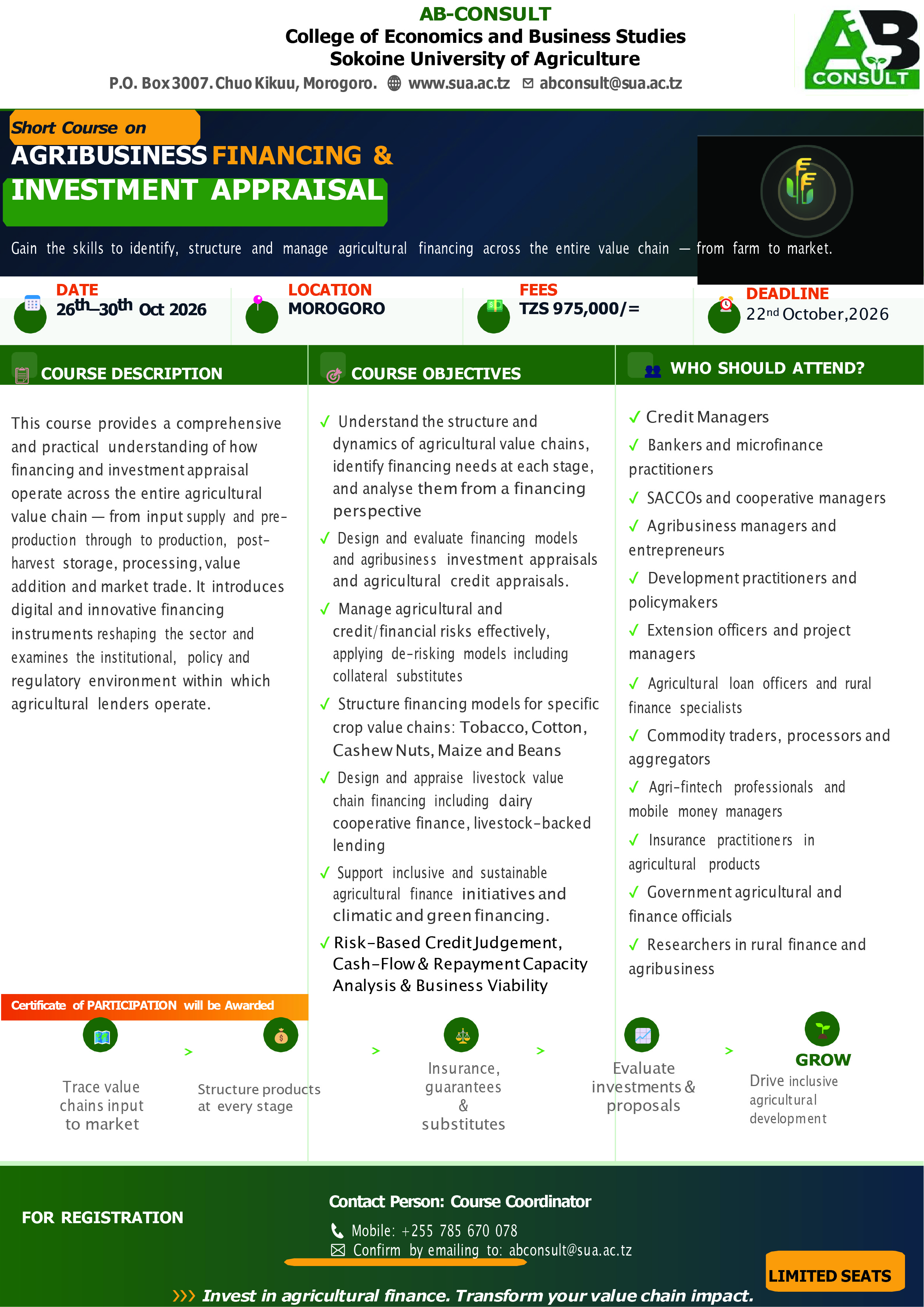 SHORT COURSE ON AGRIBUSINESS FINANCING & INVESTMENT APPRAISAL