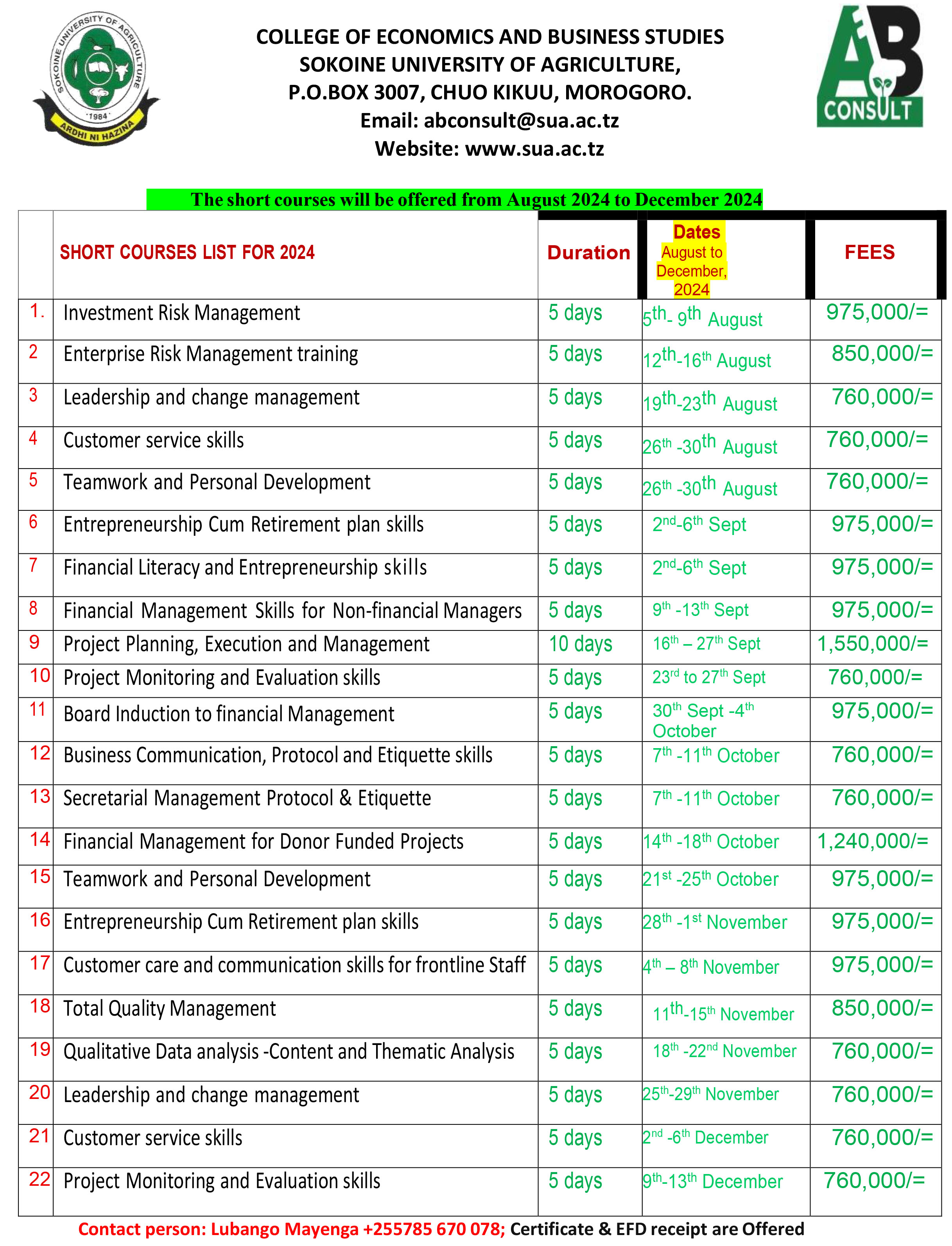 SHORT COURSES - UP to December 2024