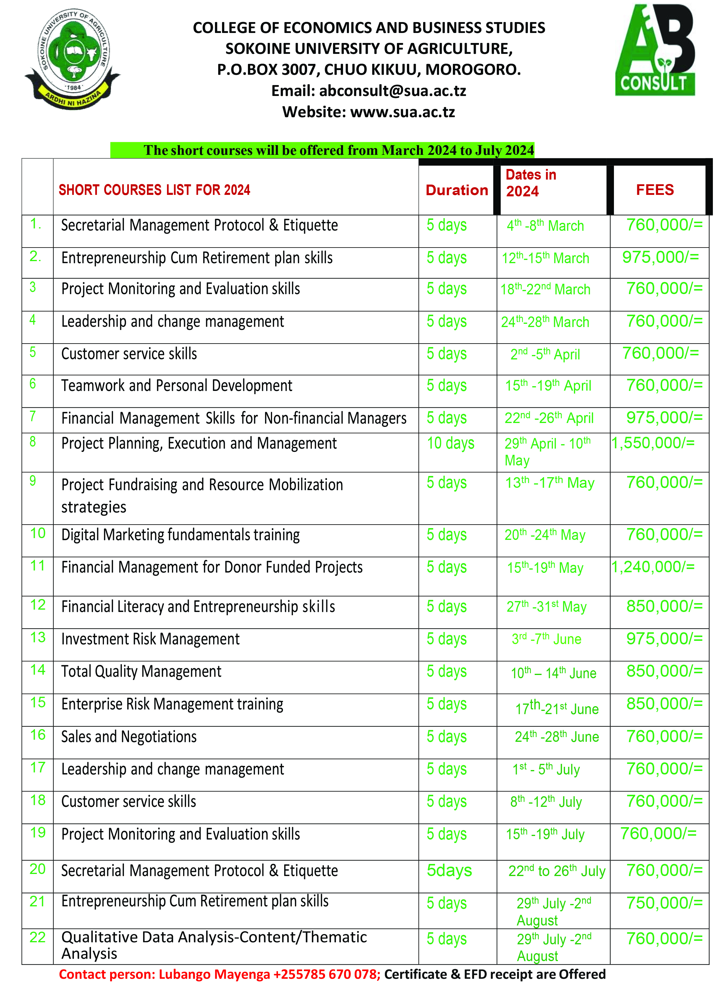 SHORT COURSES -2024 up to July