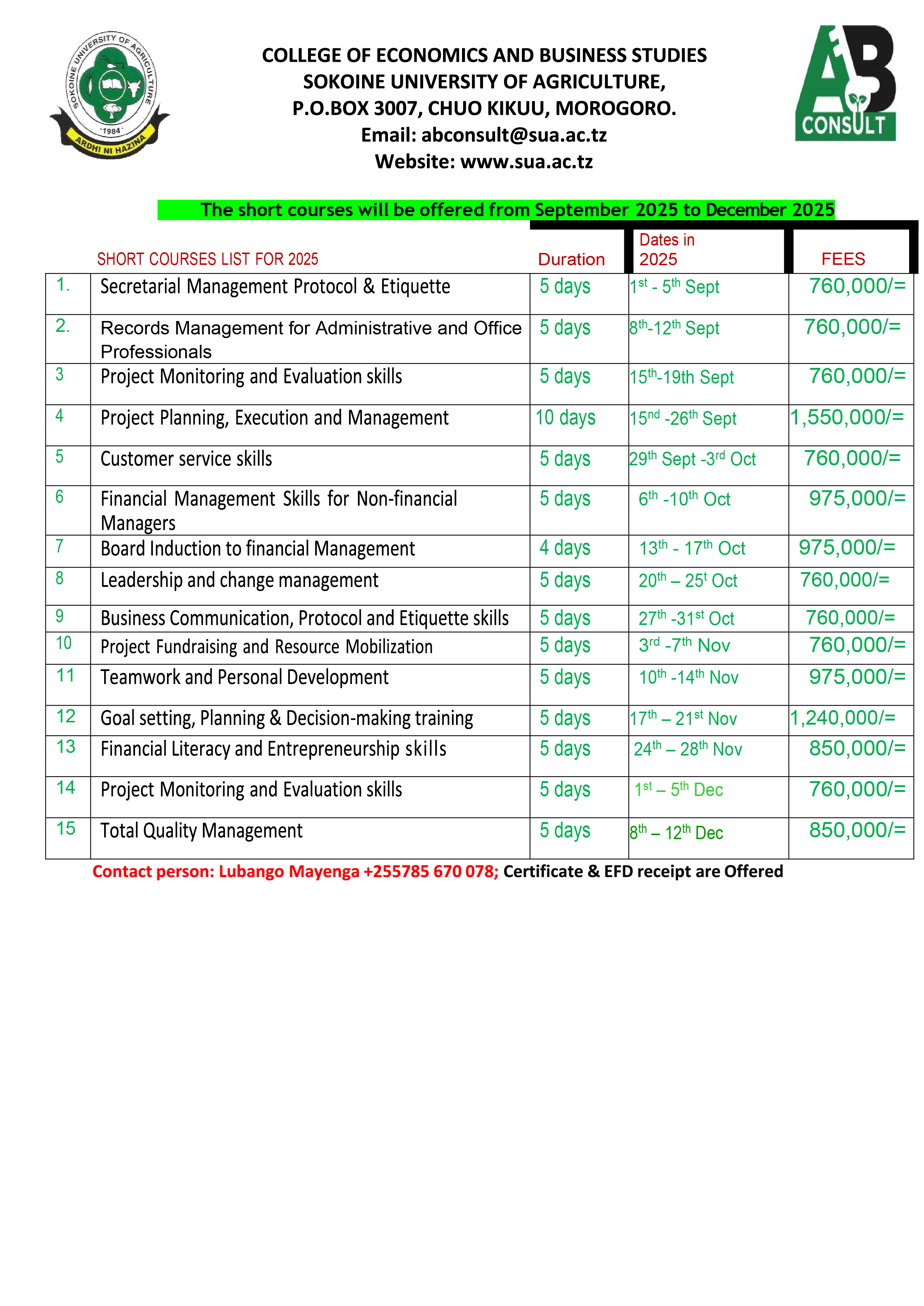 SHORT COURSES -September to December 2025
