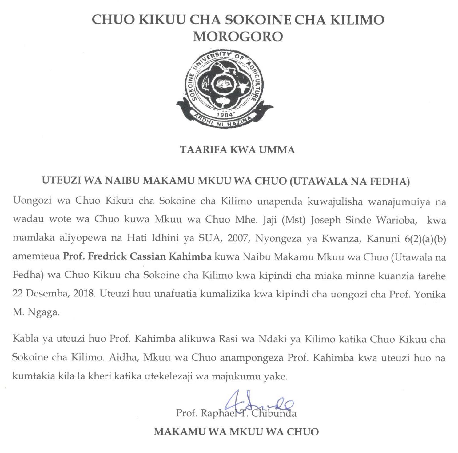 uteuzi wa Prof Fredrick Kahimba kuwa DVC AF wa SUA