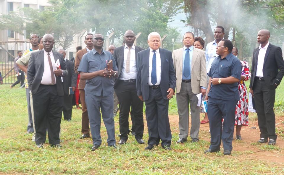 The Chairman of SUA Council Hon. Mohamed Chande Othman ( second right, front line) accompanied by SUA Executives and other officials when arrived at Nicholas Kuhanga Hostel