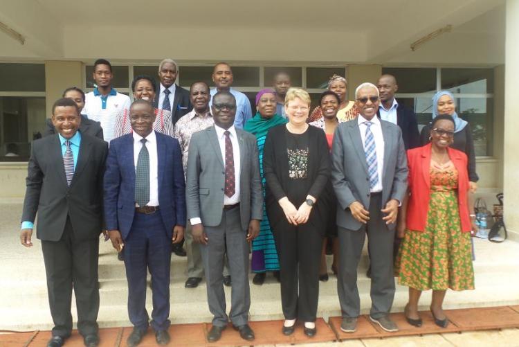 The IRRI delegates in a group photo with their host Vice Chancellor Prof. Raphael Chibunda(third from left) and other officials at SUA, Main Campus