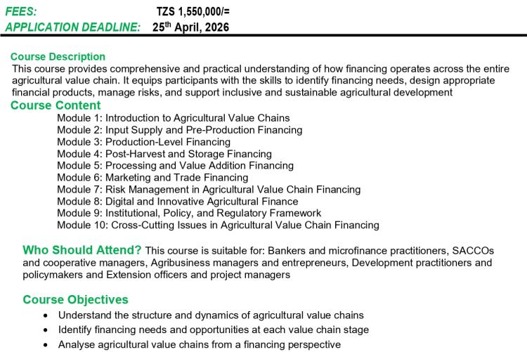 SHORT COURSE ON AGRICULTURAL VALUE CHAIN FINANCING
