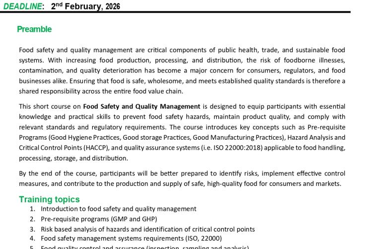SHORT COURSE ON FOOD SAFETY AND QUALITY MANAGEMENT