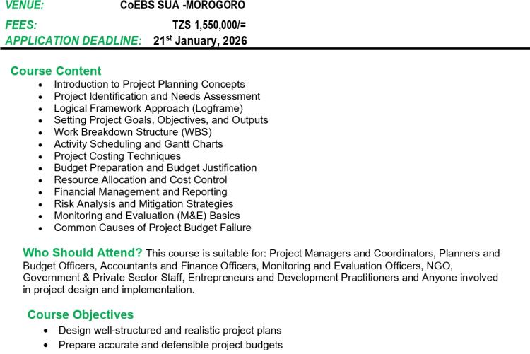 SHORT COURSE ON PROJECT PLANNING AND BUDGETING