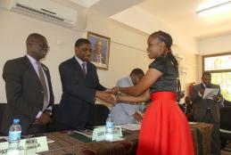 Jenifer Tairo Carol (Right) receiving Vice-Chancellor’s Prize for Best 1st Year Student in B.Sc,  Horticulture during 34th SUA prize giving ceremony